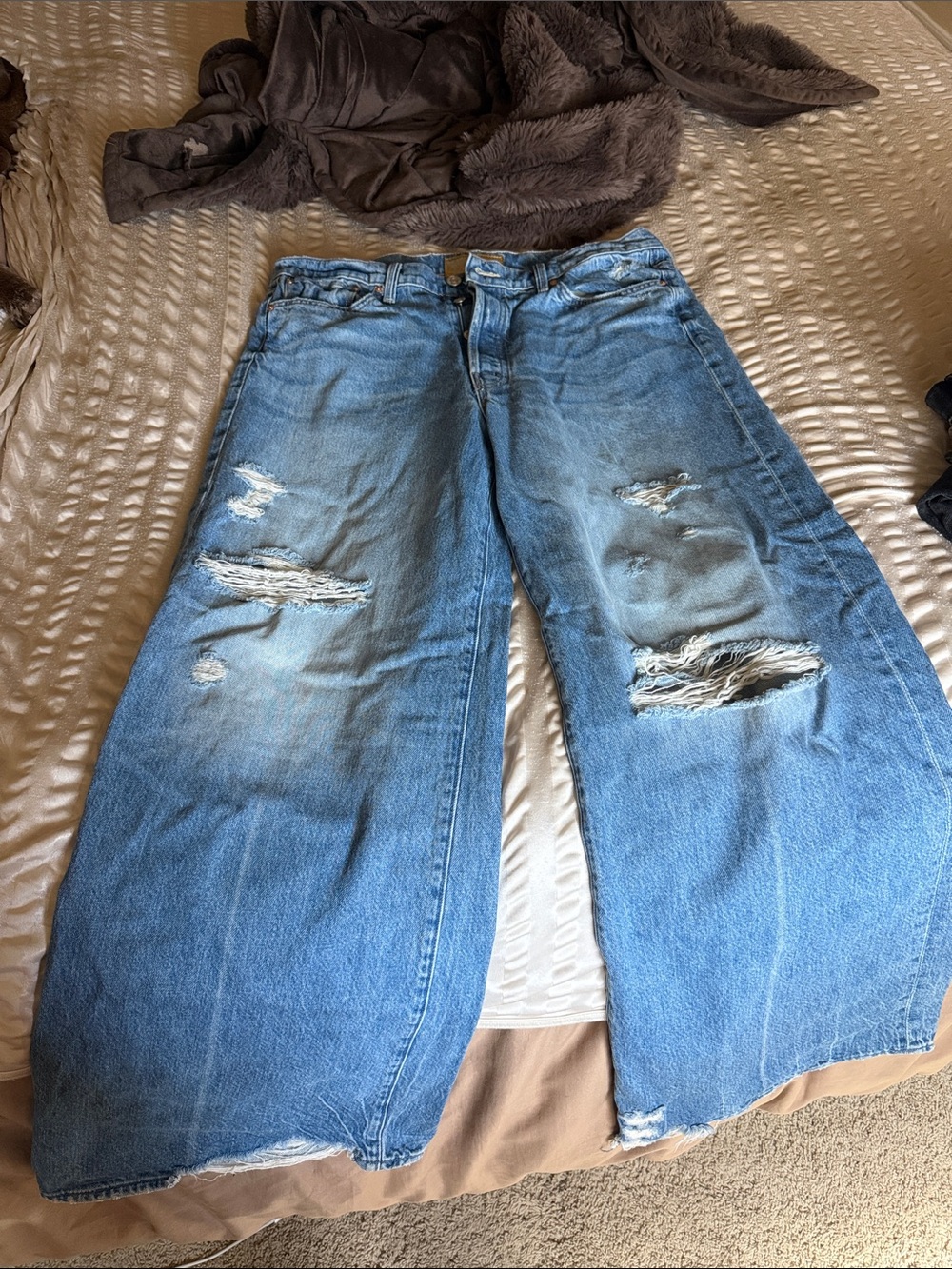 MOTHER Light Blue Distressed Wide-Leg Jeans